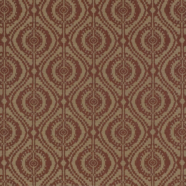 Rust terracotta woven fabric with repeating rounded medallion motif on a natural ground