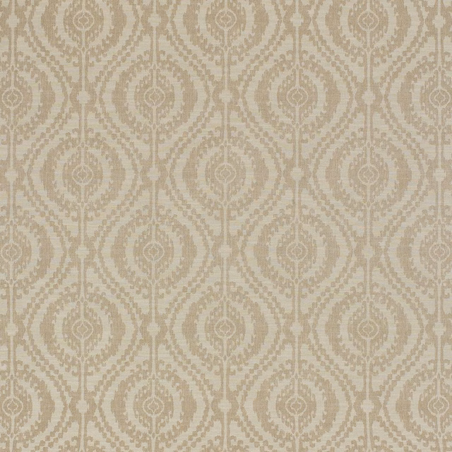 Pale beige geometric fabric with linked medallion pattern and woven texture