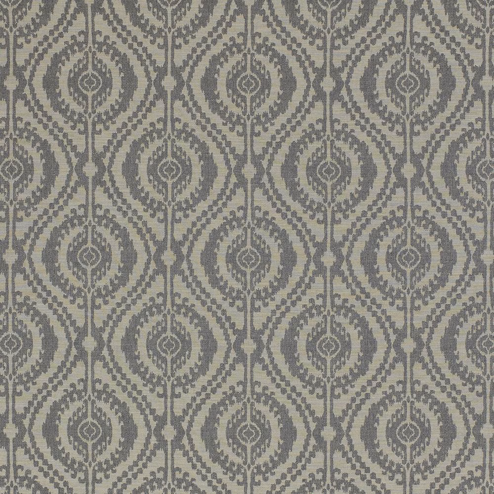 Slate grey geometric woven fabric with taupe ground and repeating medallion motif