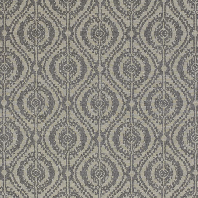 Slate grey geometric woven fabric with taupe ground and repeating medallion motif