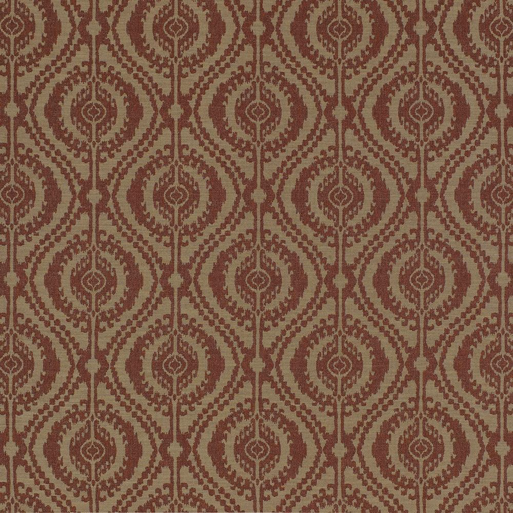 Terracotta and spice-red geometric woven fabric swatch with repeating oval medallions