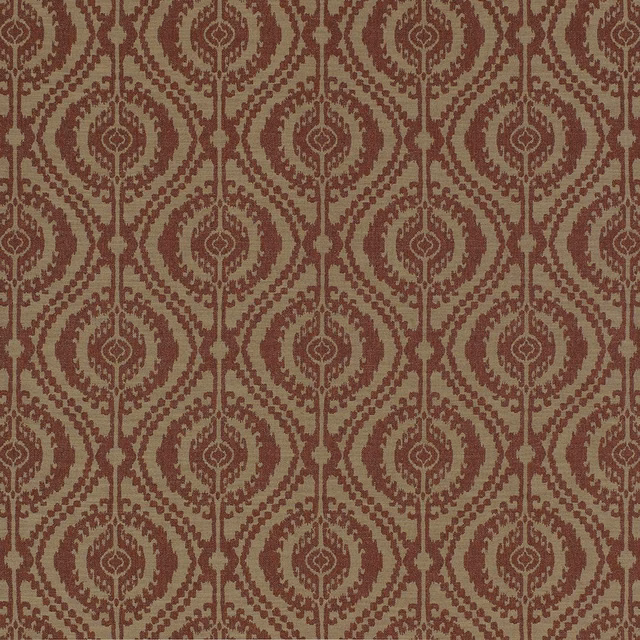 Terracotta and spice-red geometric woven fabric swatch with repeating oval medallions