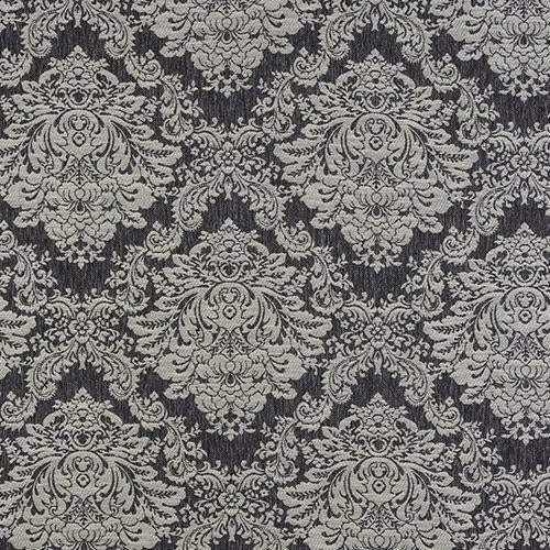 Charcoal grey damask upholstery fabric with ornate scrolling motif