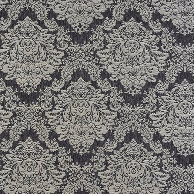 Charcoal grey damask upholstery fabric with ornate scrolling motif