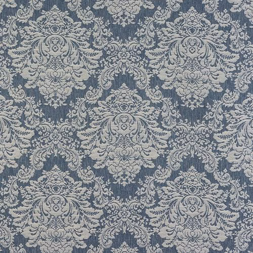 Blue-grey damask fabric with pale ornate floral motifs on a textured weave