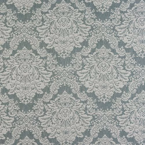 Duck egg blue-green damask fabric with pale ivory ornate floral repeat