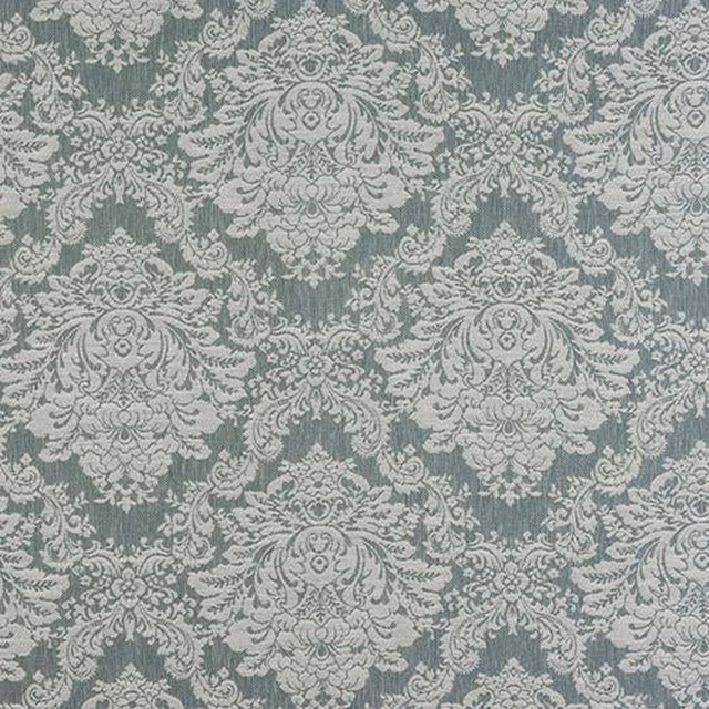 Duck egg blue-green damask fabric with pale ivory ornate floral repeat