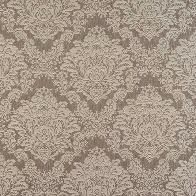 Taupe damask fabric with light linen-toned motif and textured woven ground