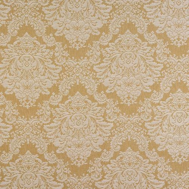 Moss-gold damask fabric with creamy ornate floral motifs