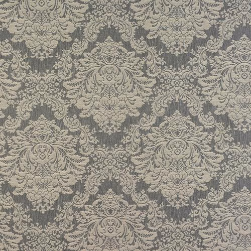 Silver-grey damask fabric with ornate scrolling motifs on a woven ground