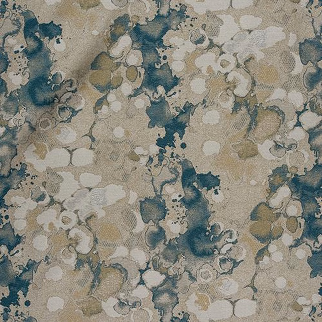 Abstract duck egg teal and beige fabric with painterly ivory spots and clouded texture