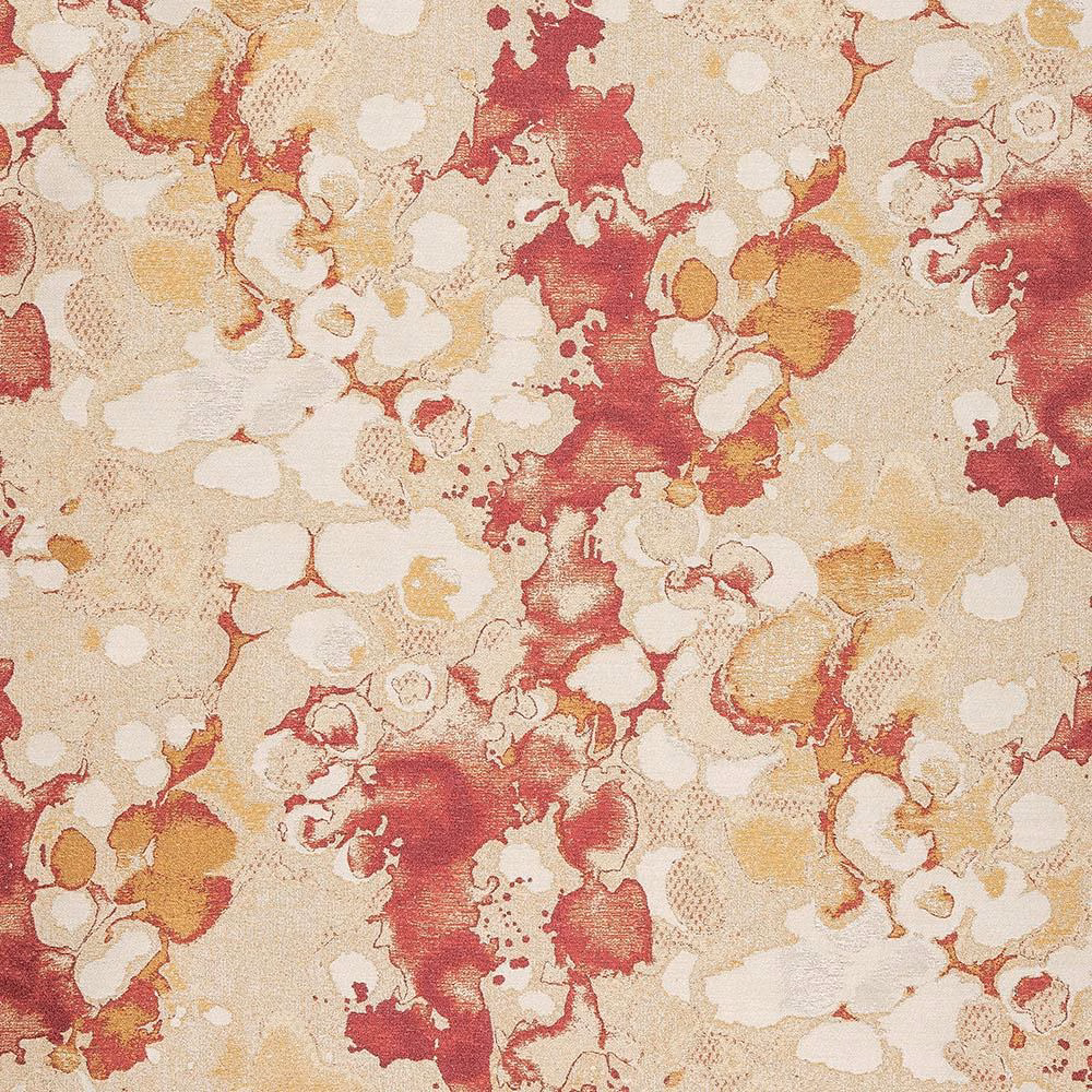 Abstract red and cream floral-inspired fabric swatch with warm ochre accents