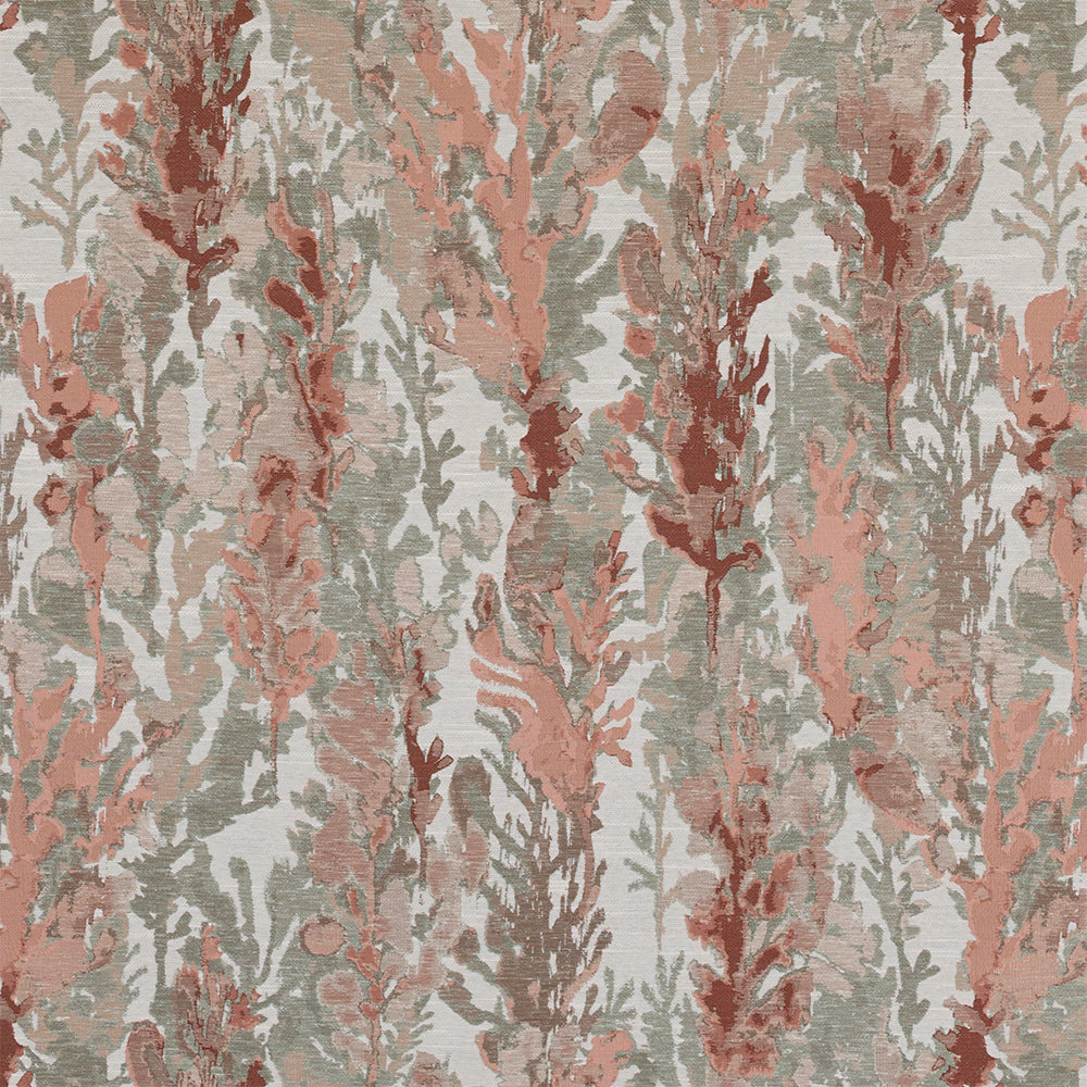 Painterly botanical fabric with antique pink and sage leafy sprays on a pale ground