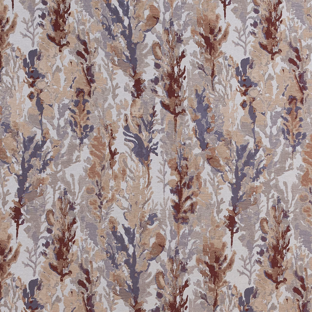 Dusty lilac and taupe botanical woven fabric with burgundy accents