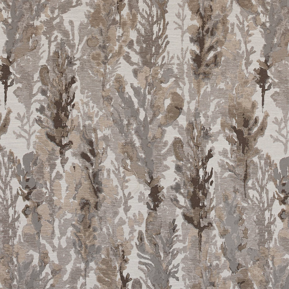 Painterly botanical fabric swatch in taupe, grey and ivory with large-scale foliage