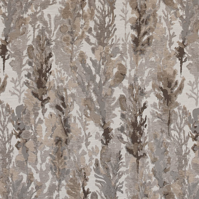 Painterly botanical fabric swatch in taupe, grey and ivory with large-scale foliage