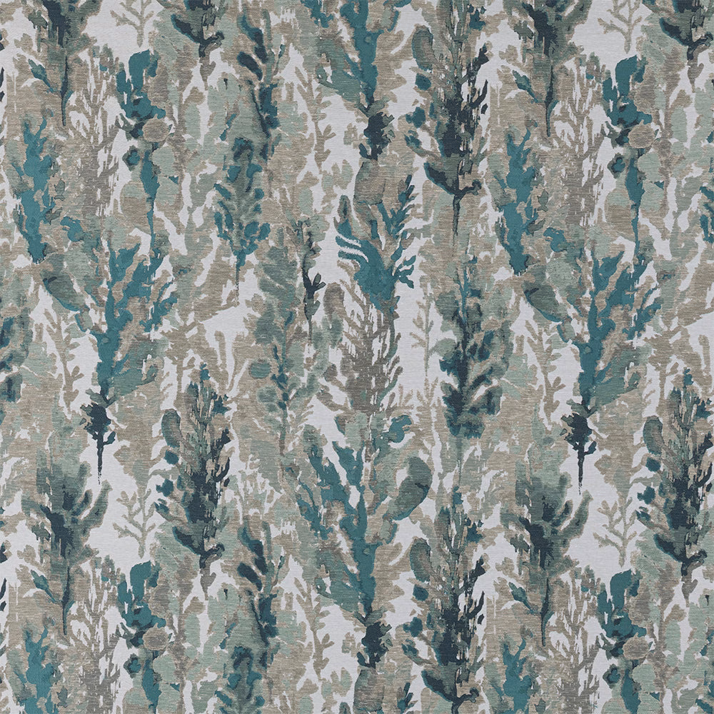 Painterly seafoam teal botanical fabric with taupe leaves on a pale ground