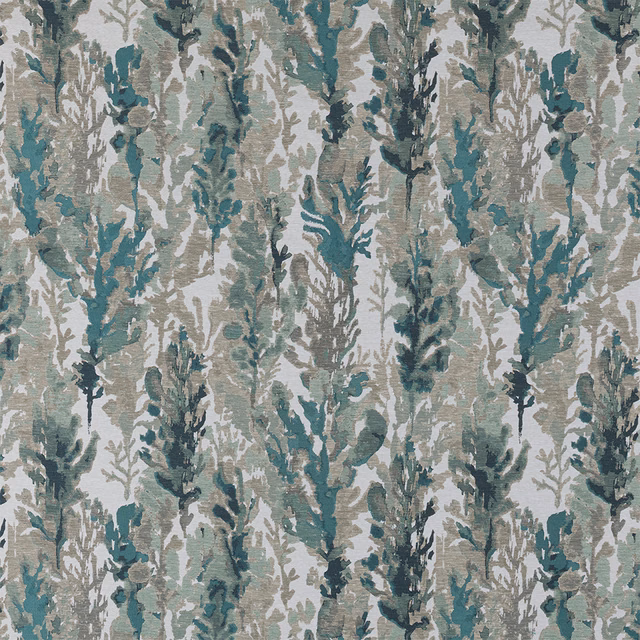 Painterly seafoam teal botanical fabric with taupe leaves on a pale ground