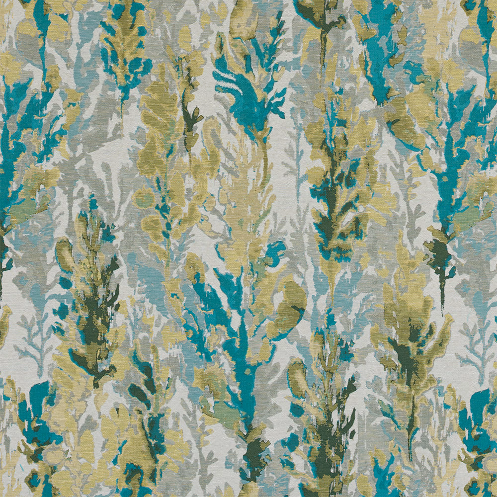 Botanical fabric swatch with bright teal, sage and olive foliage on a pale ground