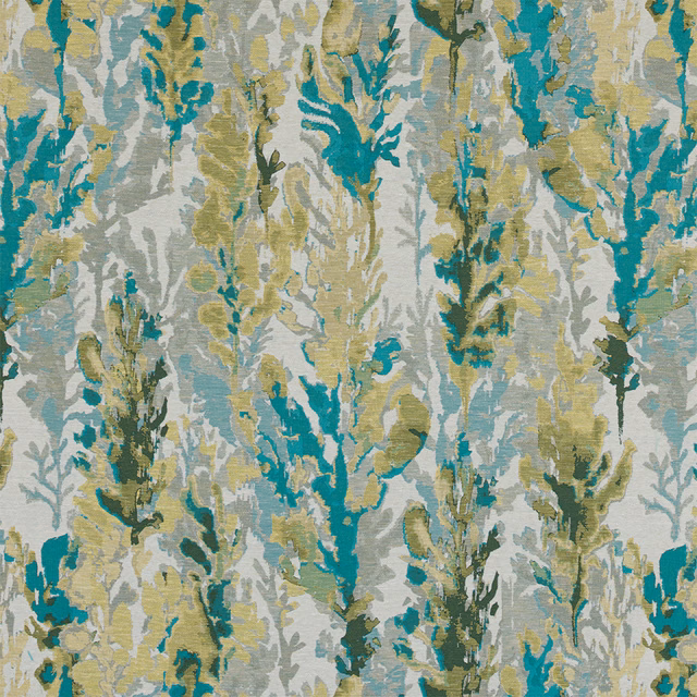 Botanical fabric swatch with bright teal, sage and olive foliage on a pale ground
