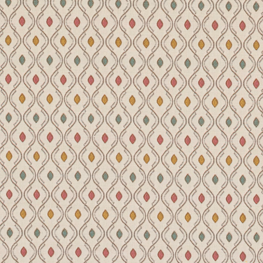 Cream patterned fabric with taupe lattice and tiny pink, mustard and teal motifs