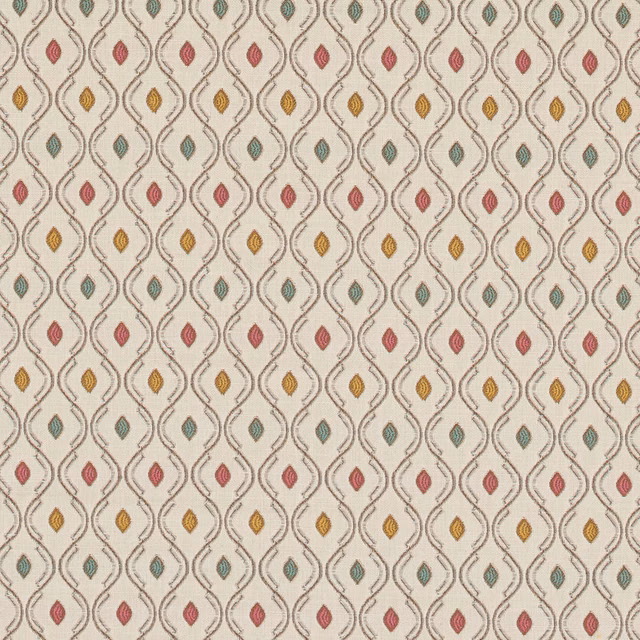 Cream patterned fabric with taupe lattice and tiny pink, mustard and teal motifs
