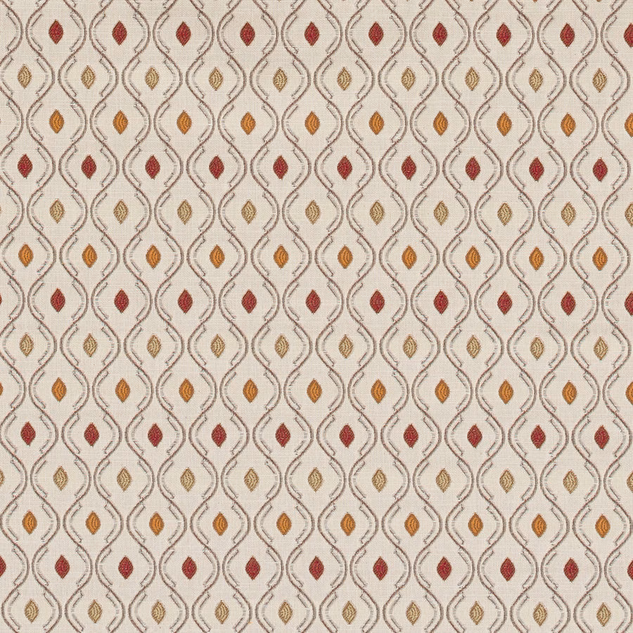Cream patterned fabric with scrolling lattice and small red, ochre and gold motifs
