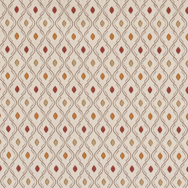 Cream patterned fabric with scrolling lattice and small red, ochre and gold motifs