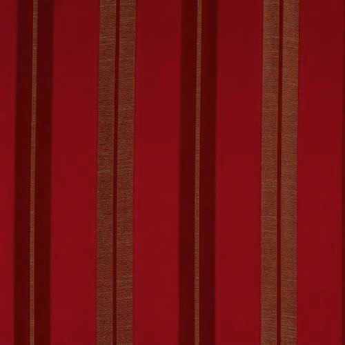 Deep crimson striped fabric swatch with narrow bronze-toned vertical bands
