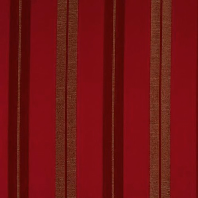 Deep crimson striped fabric swatch with narrow bronze-toned vertical bands