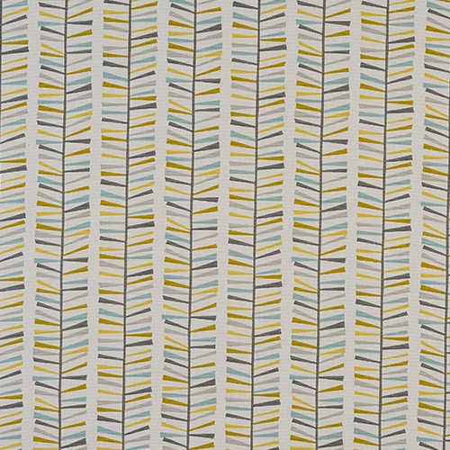 Geometric cotton fabric with teal, mustard and grey vertical dash stripes