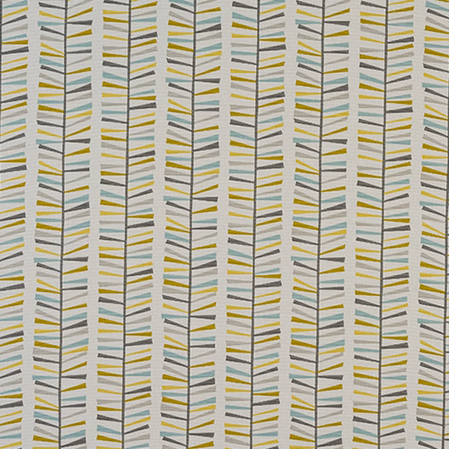 Geometric cotton fabric with teal, mustard and grey vertical dash stripes