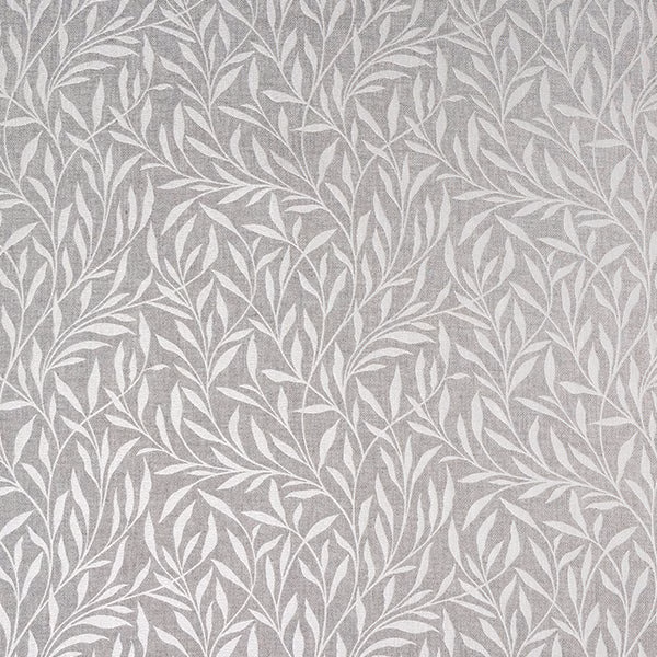 Grey botanical leaf-pattern fabric with a soft chalky woven ground