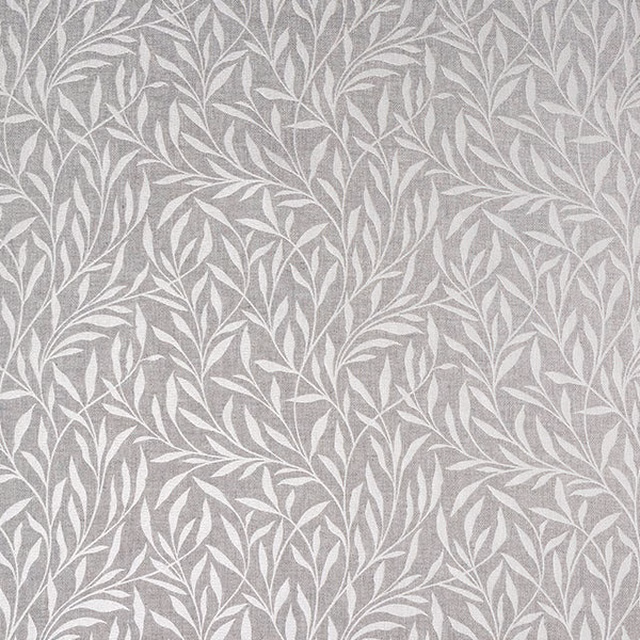 Grey botanical leaf-pattern fabric with a soft chalky woven ground