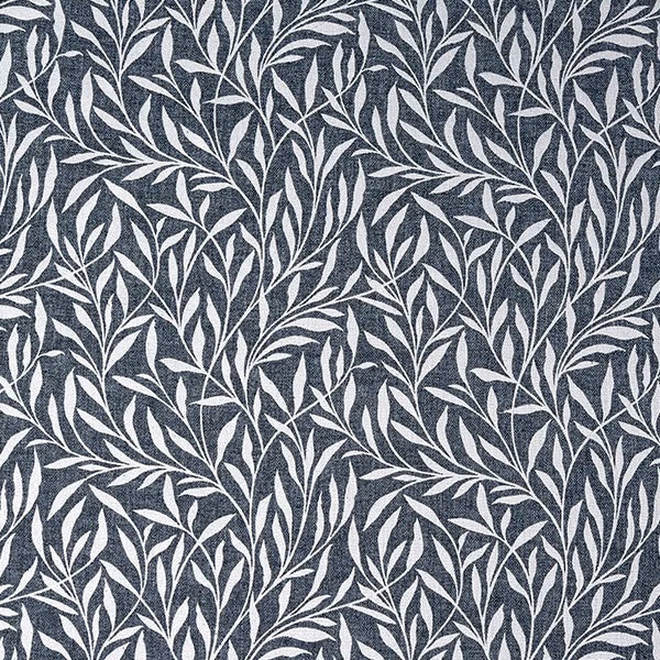 Indigo and ivory scrolling leaf fabric with a textured woven ground