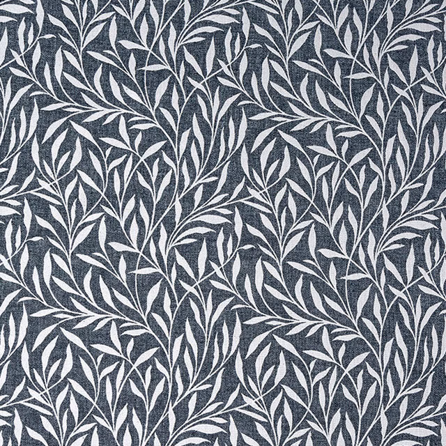 Indigo and ivory scrolling leaf fabric with a textured woven ground