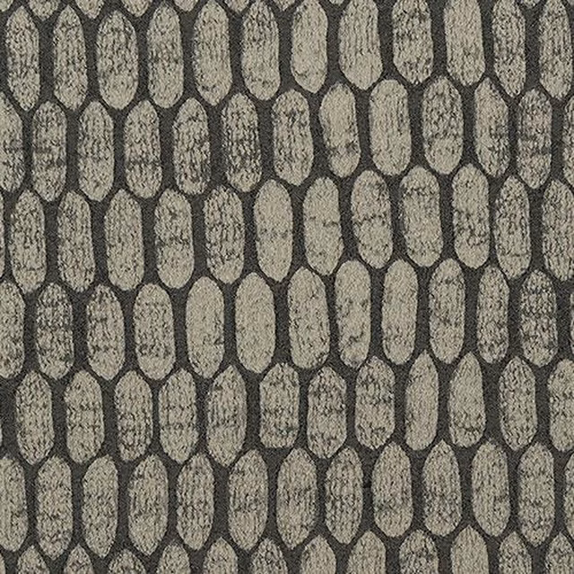 Textured pewter grey fabric with charcoal-outlined oval pebble motif