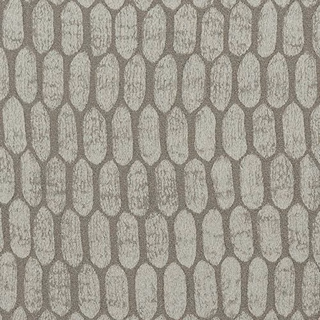 Close-up of silver-grey geometric woven fabric with elongated oval motifs