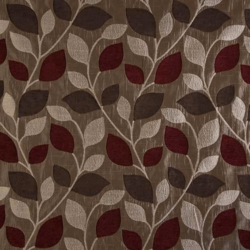 Textured botanical fabric with burgundy, taupe and brown leaf motifs on a warm ground