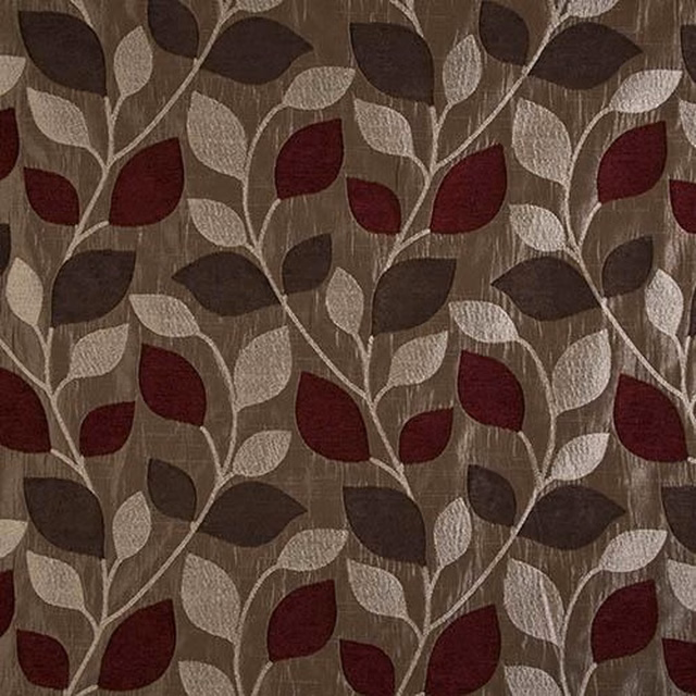 Textured botanical fabric with burgundy, taupe and brown leaf motifs on a warm ground