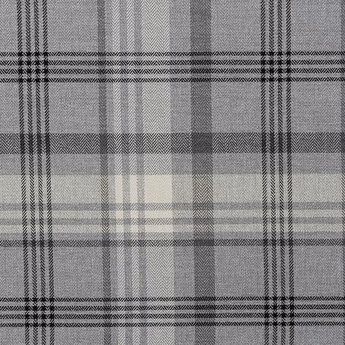 Grey plaid fabric swatch with dove, charcoal and ivory woven checks