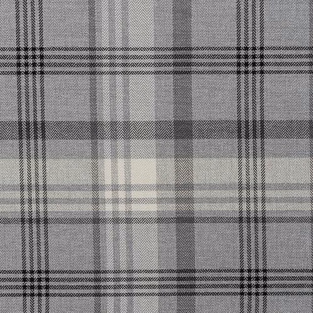 Grey plaid fabric swatch with dove, charcoal and ivory woven checks