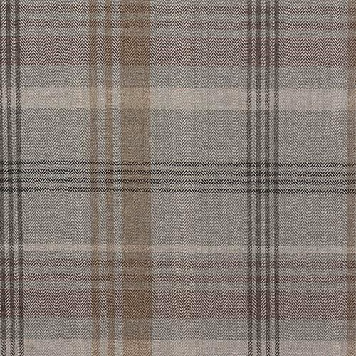 Taupe and grey plaid fabric with fine herringbone weave and dark pinstripes