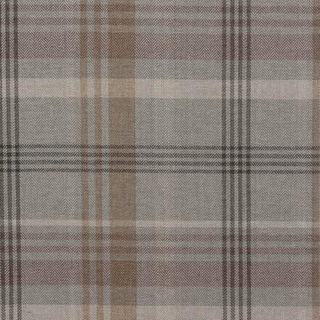 Taupe and grey plaid fabric with fine herringbone weave and dark pinstripes