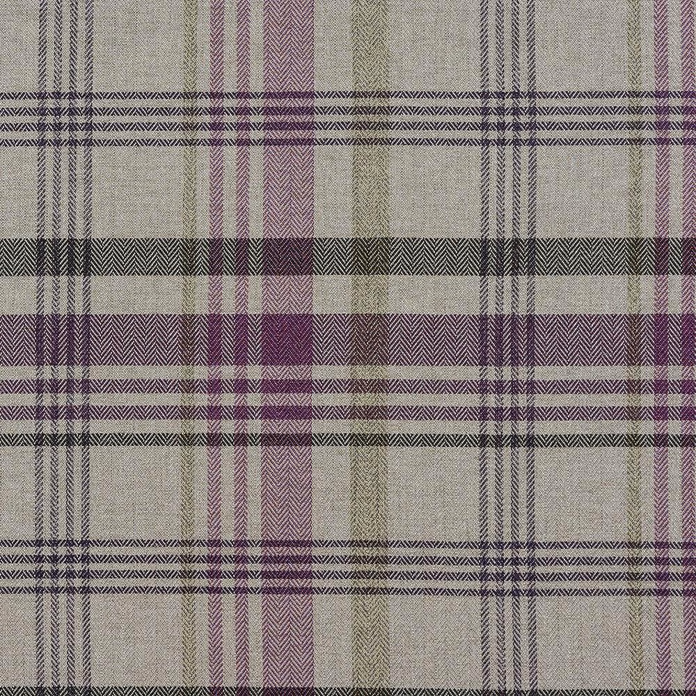 Heathered tartan fabric in pale taupe with plum and olive stripes, herringbone weave