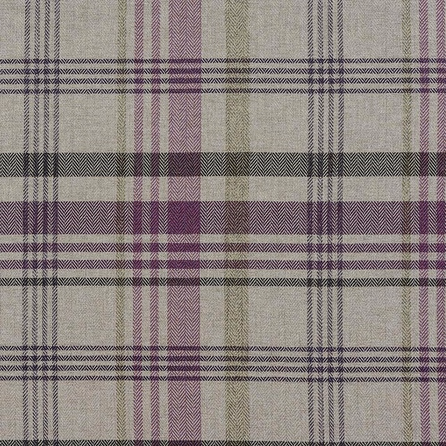 Heathered tartan fabric in pale taupe with plum and olive stripes, herringbone weave