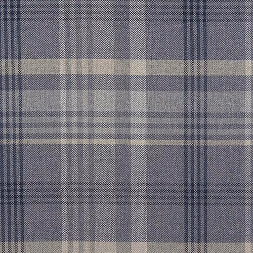 Blue-grey plaid fabric swatch with woven herringbone texture and pale crossing stripes