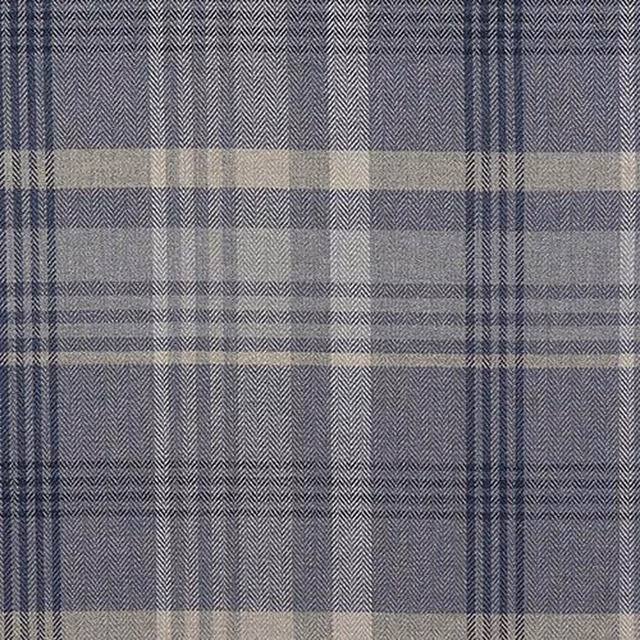 Blue-grey plaid fabric swatch with woven herringbone texture and pale crossing stripes