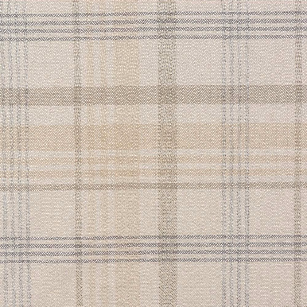 Pale ivory woven check fabric with taupe stripes and herringbone texture