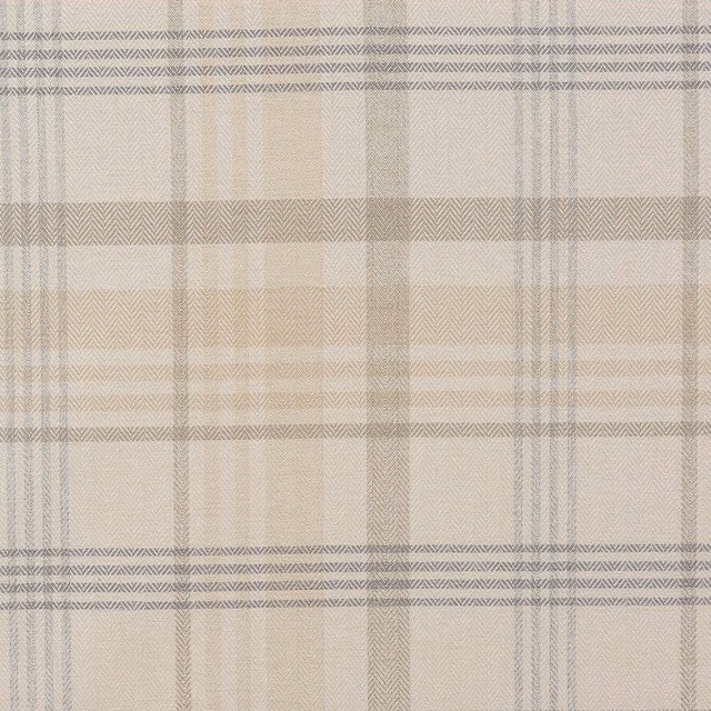 Pale ivory woven check fabric with taupe stripes and herringbone texture